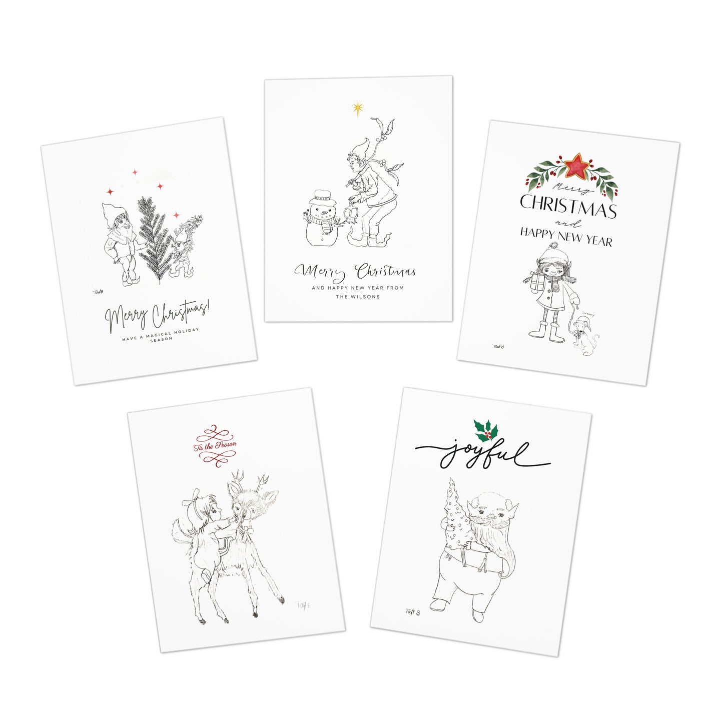 Christmas Greeting Cards - 5-Pack Assorted Original Artwork by Taytem Barth