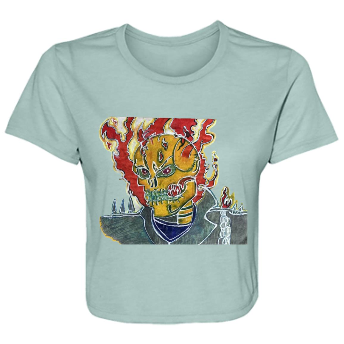 Ladies' Skeleton On Fire Original Artwork Flowy Cropped Tee