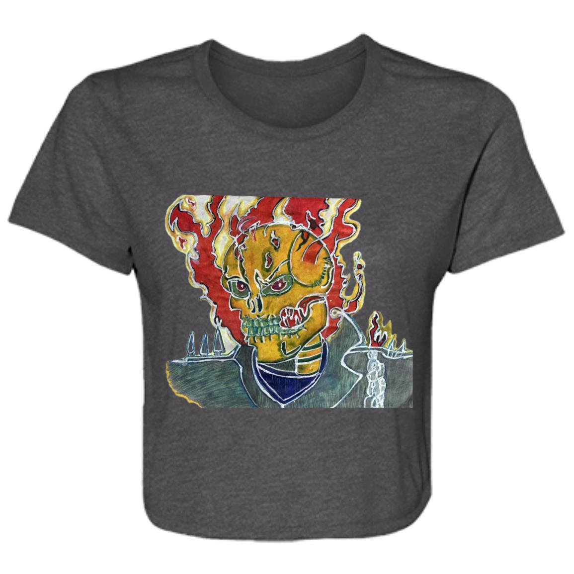 Ladies' Skeleton On Fire Original Artwork Flowy Cropped Tee