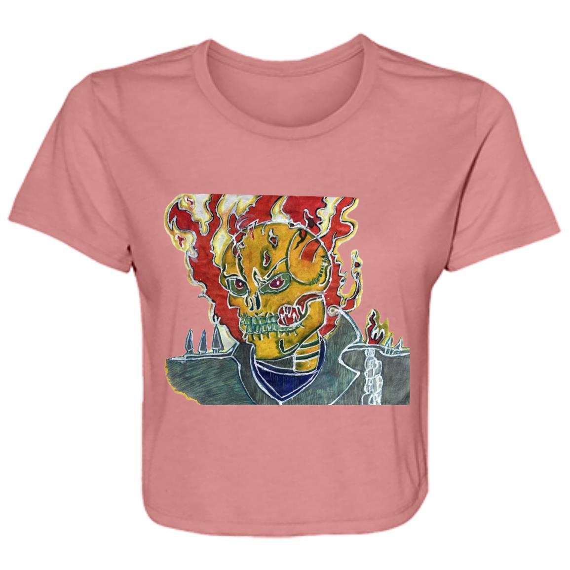 Ladies' Skeleton On Fire Original Artwork Flowy Cropped Tee