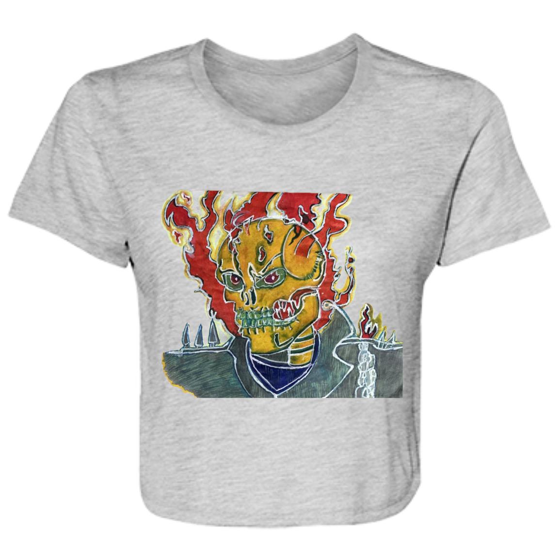 Ladies' Skeleton On Fire Original Artwork Flowy Cropped Tee