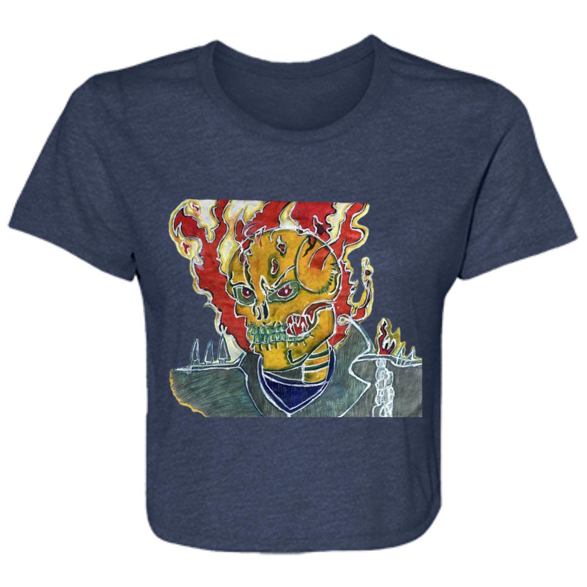 Ladies' Skeleton On Fire Original Artwork Flowy Cropped Tee