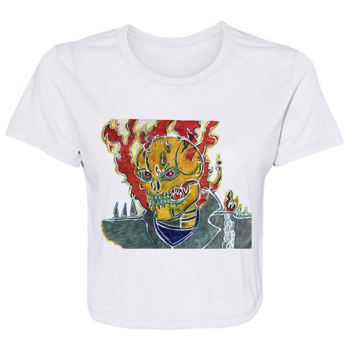 Ladies' Skeleton On Fire Original Artwork Flowy Cropped Tee