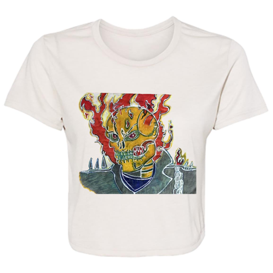 Ladies' Skeleton On Fire Original Artwork Flowy Cropped Tee
