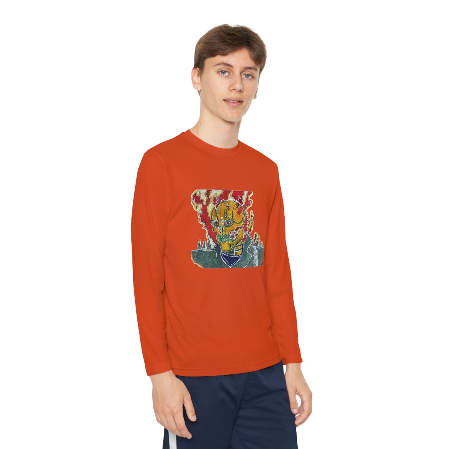 Skeleton On Fire Youth Long Sleeve Competitor Tee