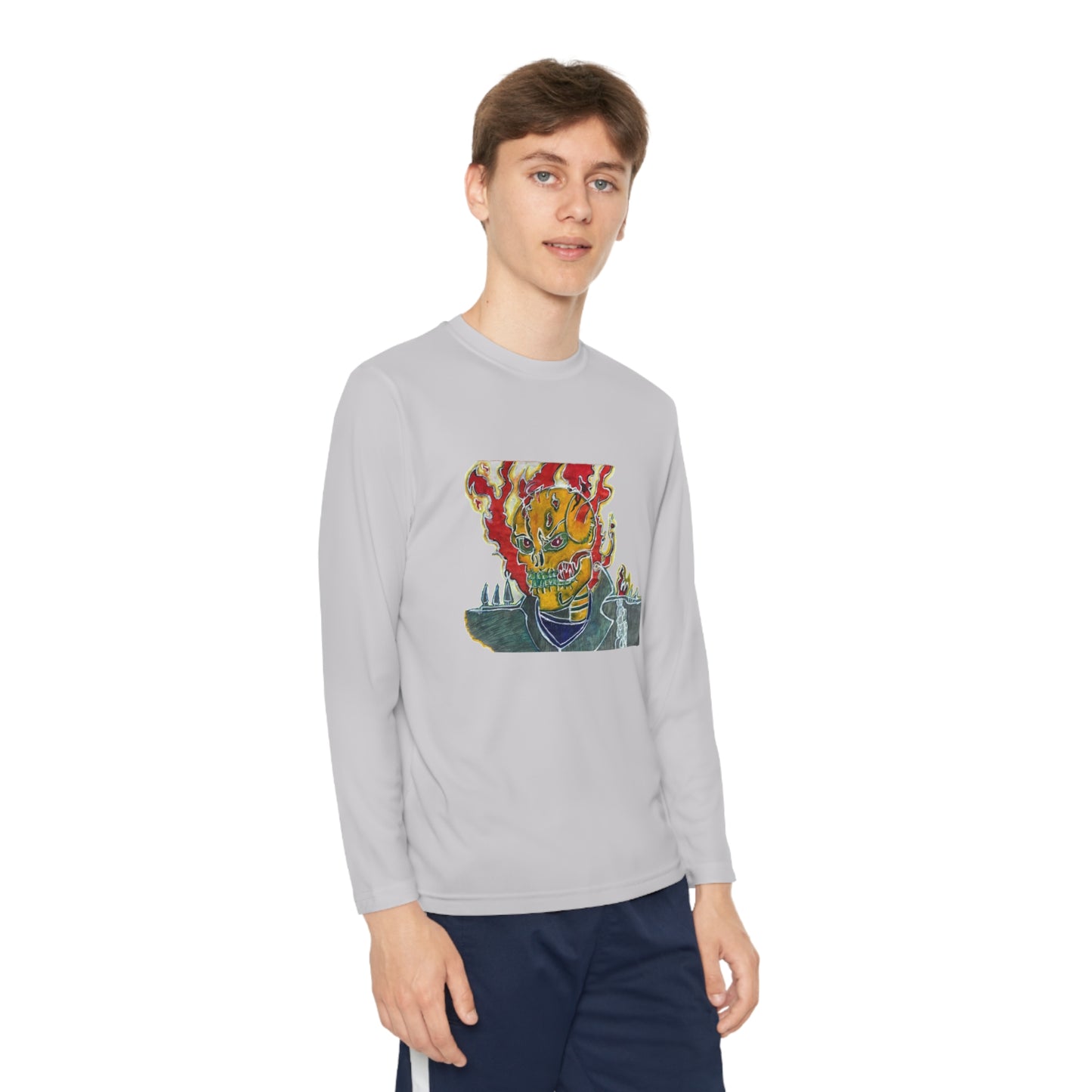 Skeleton On Fire Youth Long Sleeve Competitor Tee