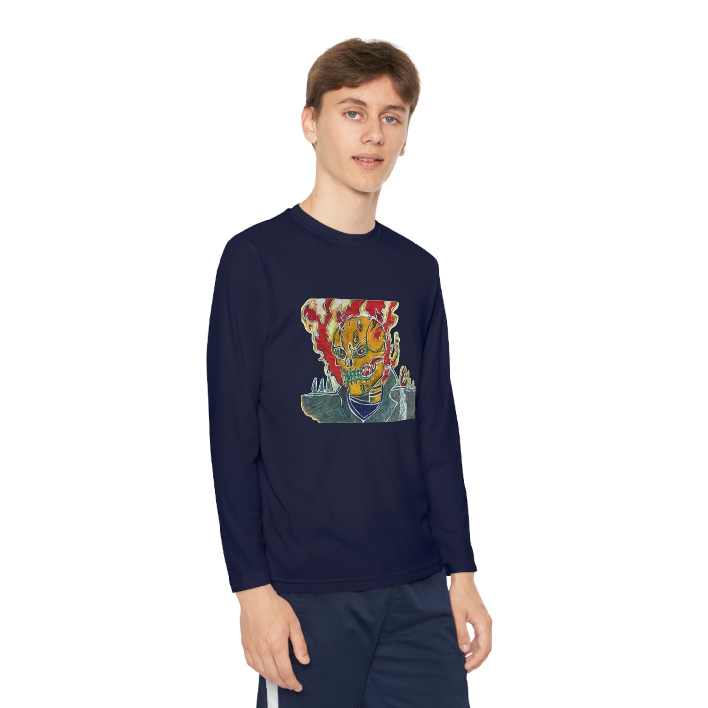 Skeleton On Fire Youth Long Sleeve Competitor Tee