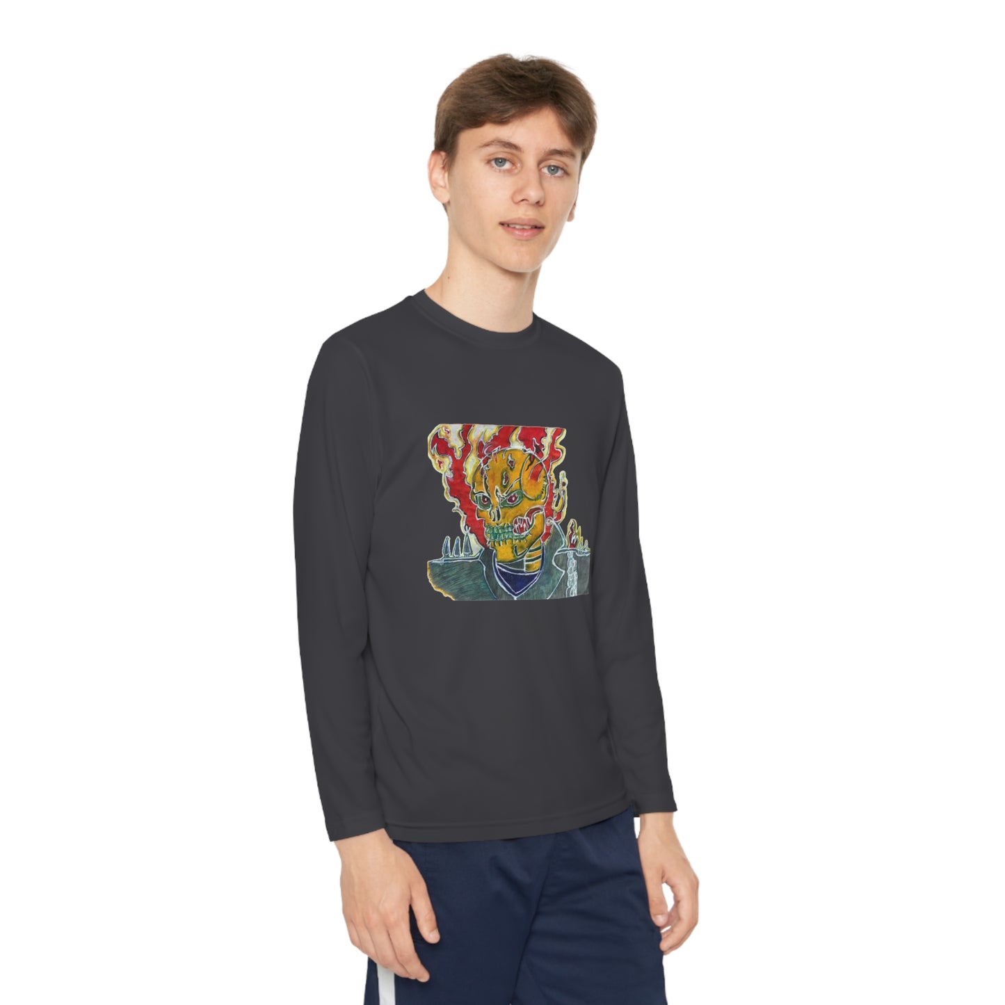 Skeleton On Fire Youth Long Sleeve Competitor Tee