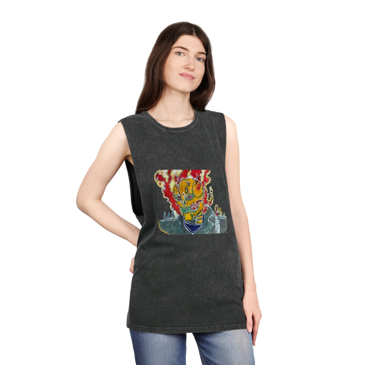 Skeleton On Fire Unisex Stonewash Tank Top