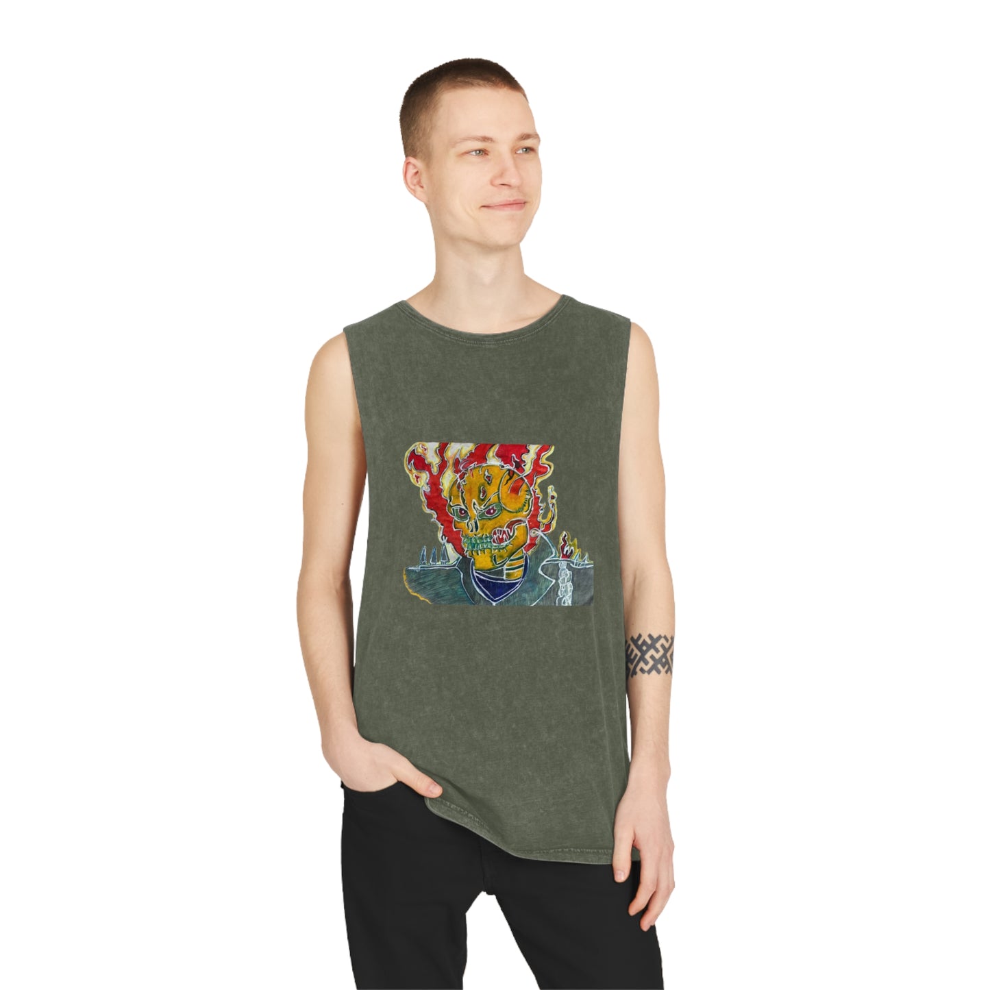 Skeleton On Fire Unisex Stonewash Tank Top