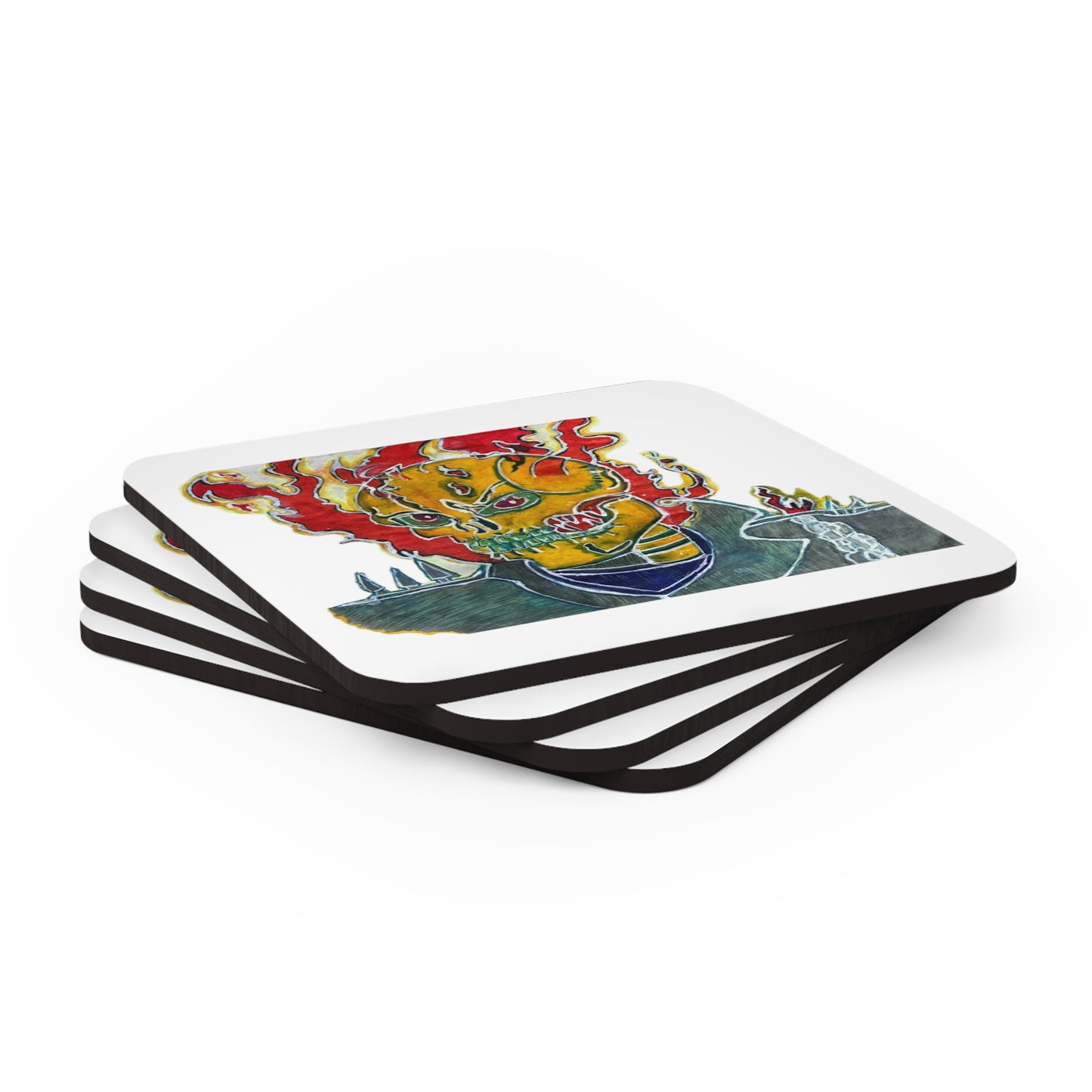 Skeleton On Fire Corkwood Coaster Set