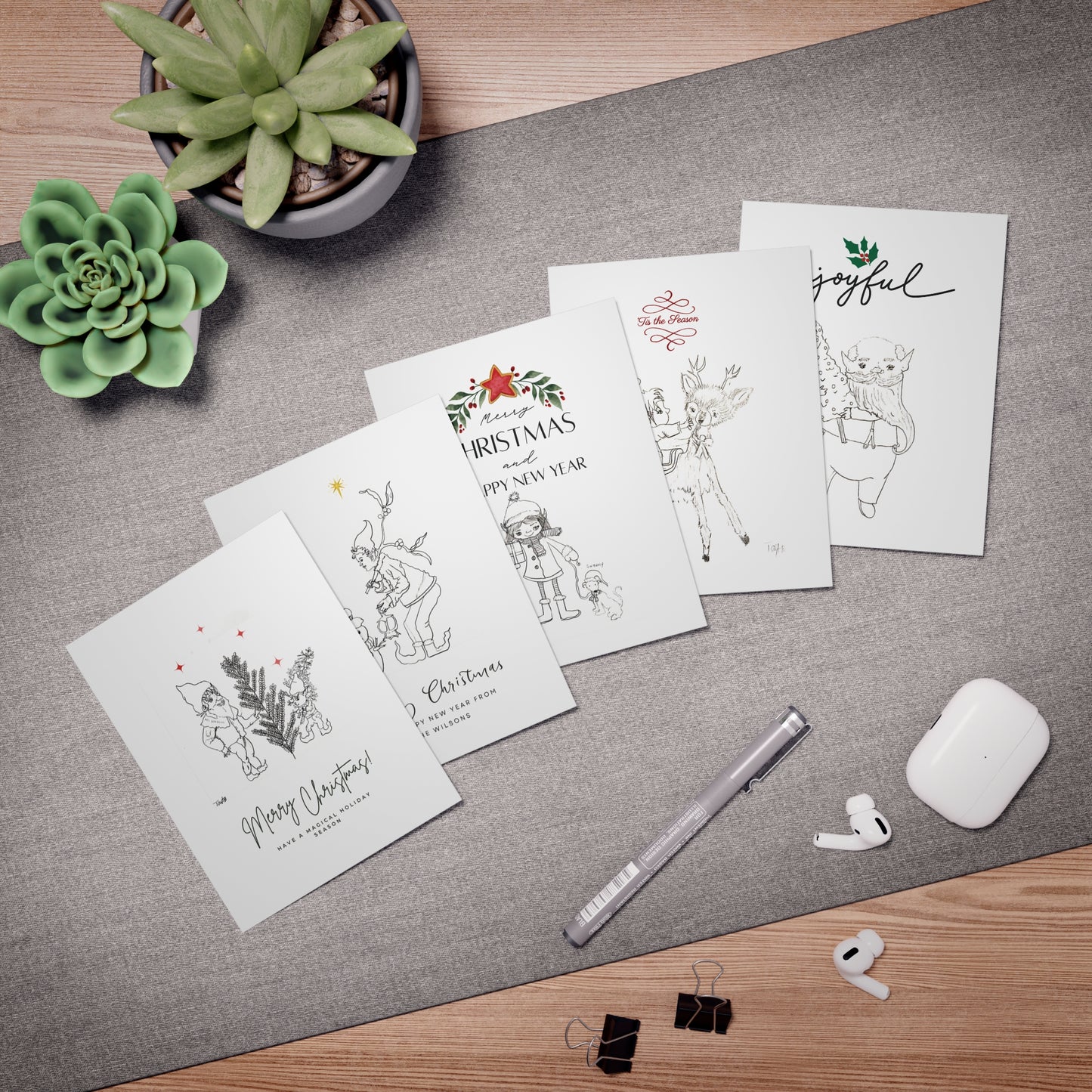 Christmas Greeting Cards - 5-Pack Assorted Original Artwork by Taytem Barth