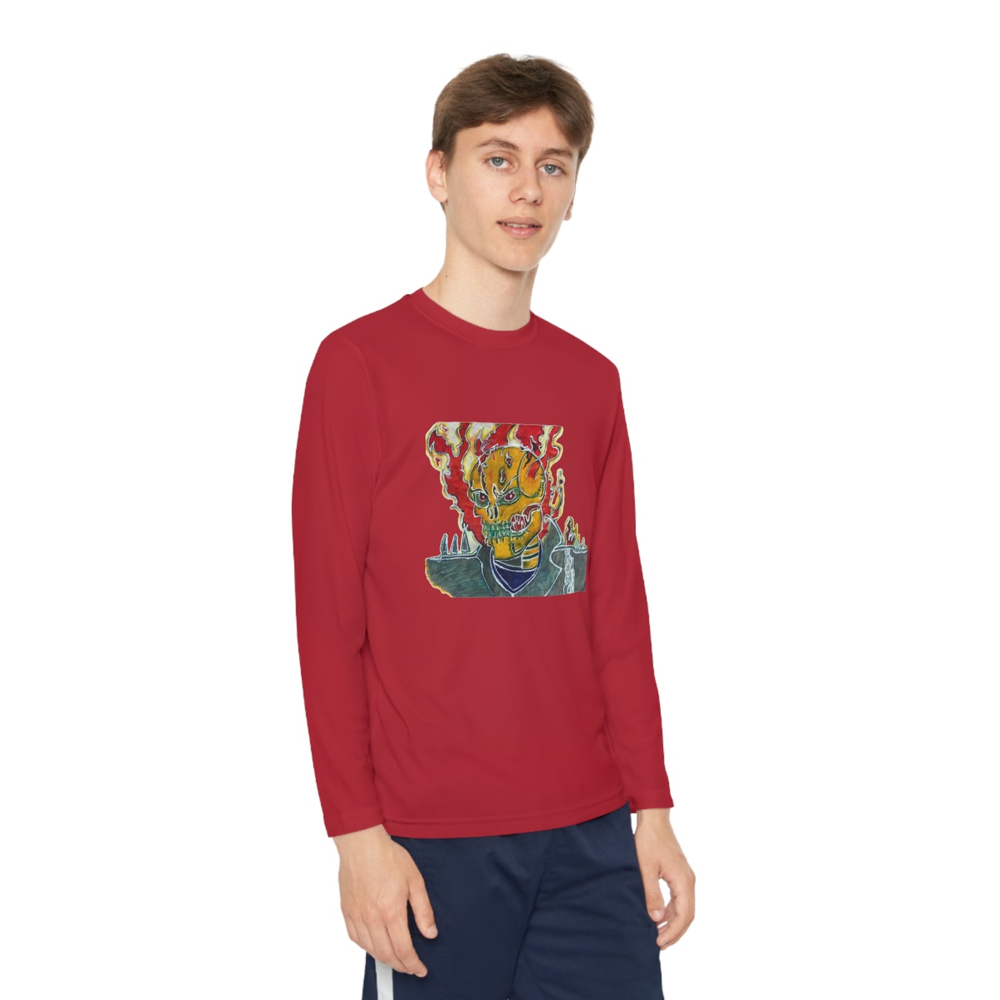 Skeleton On Fire Youth Long Sleeve Competitor Tee