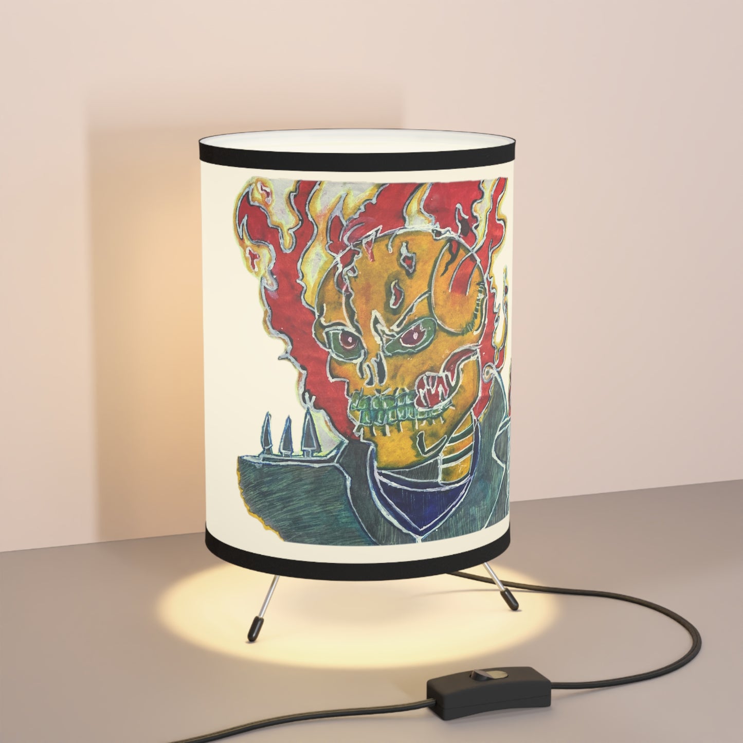 Skeleton On Fire Tripod Lamp with High-Res Printed Shade