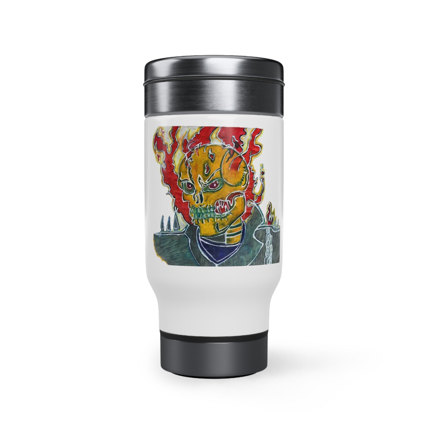 Skeleton On Fire Stainless Steel Travel Mug with Handle, 14oz