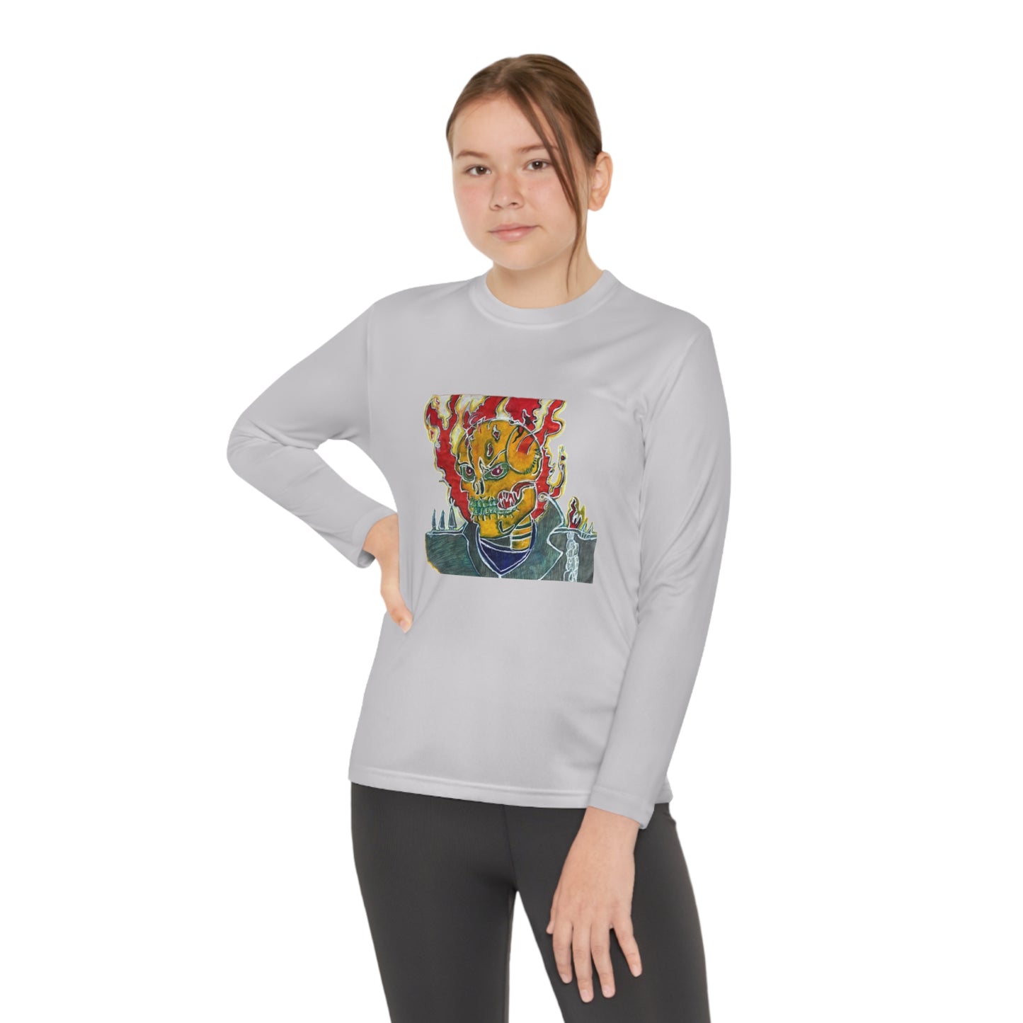 Skeleton On Fire Youth Long Sleeve Competitor Tee