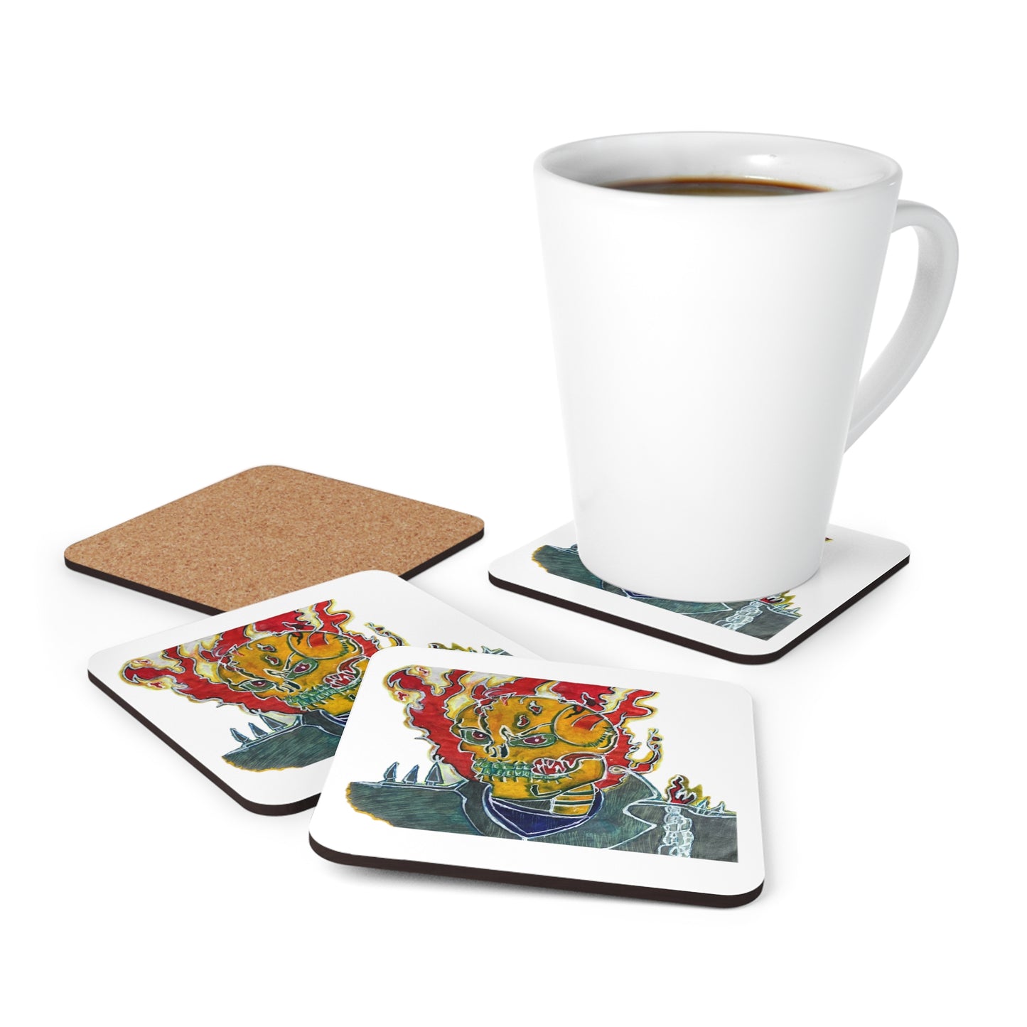 Skeleton On Fire Corkwood Coaster Set