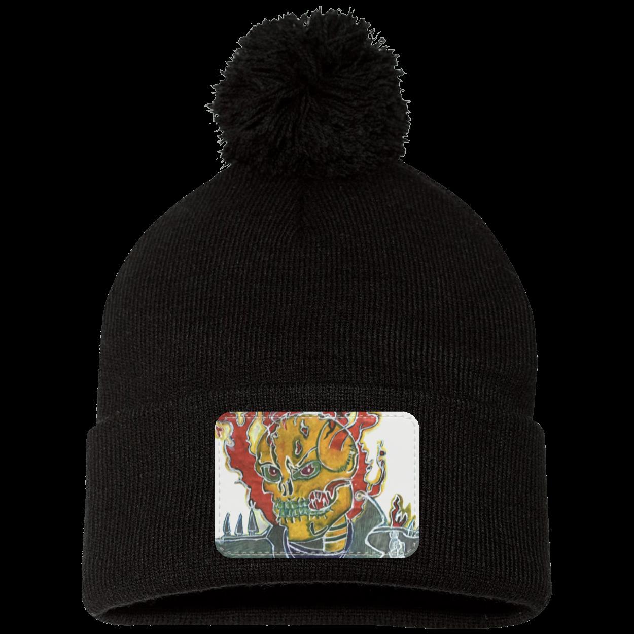 Skeleton On Fire Pom Pom Knit Cap - Patch