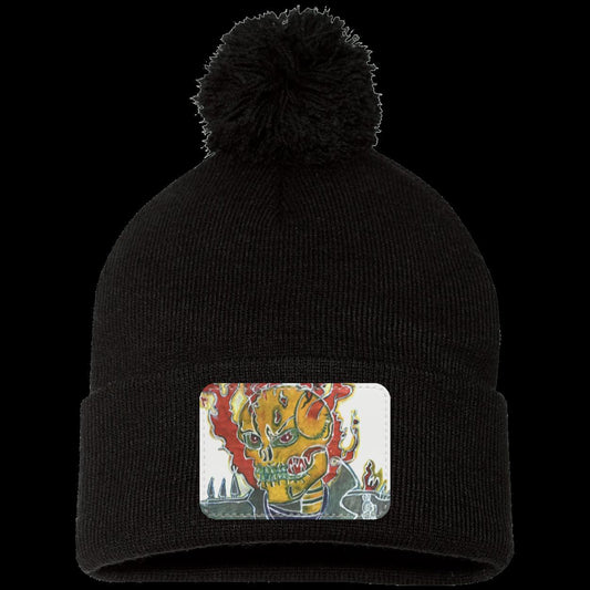 Skeleton On Fire Pom Pom Knit Cap - Patch