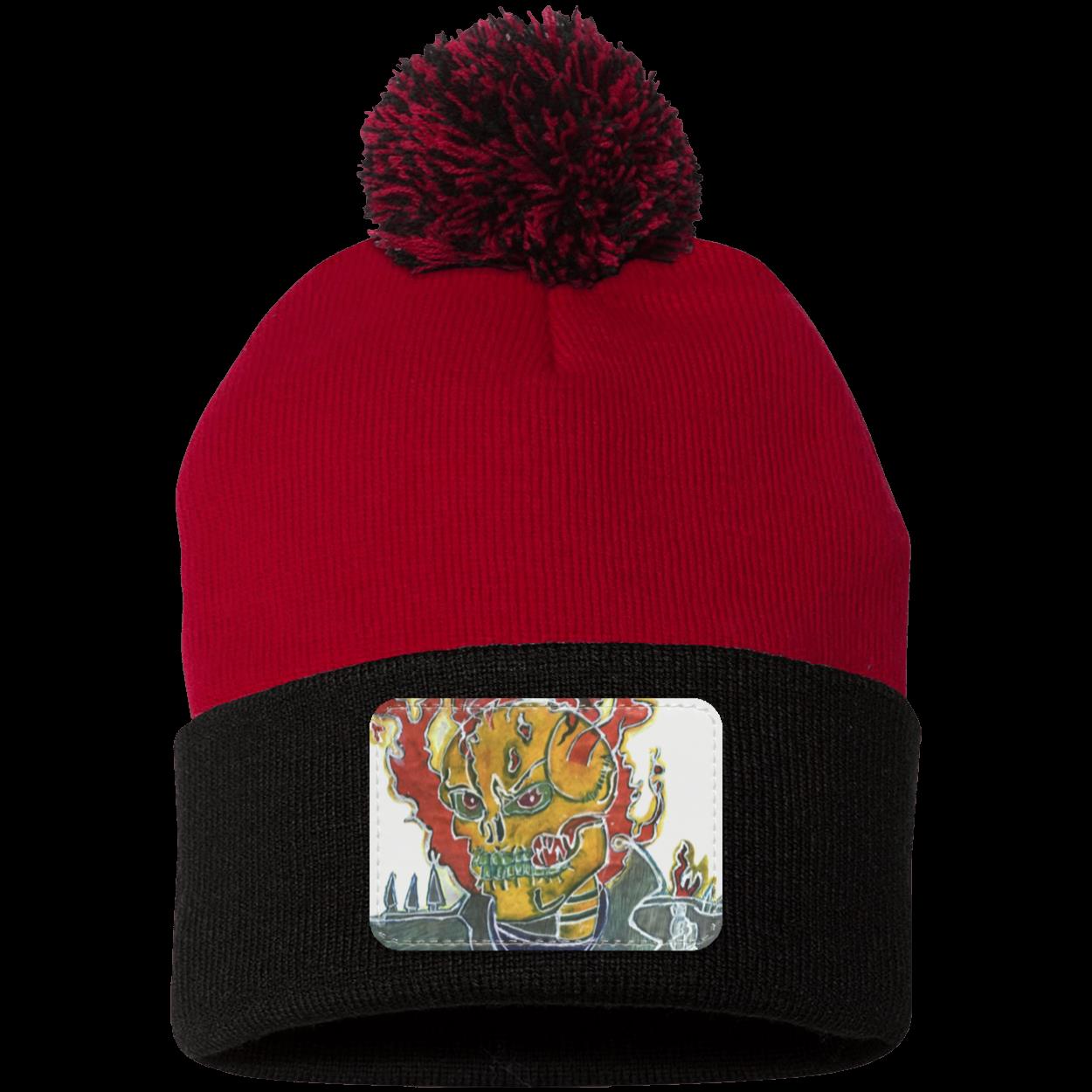 Skeleton On Fire Pom Pom Knit Cap - Patch