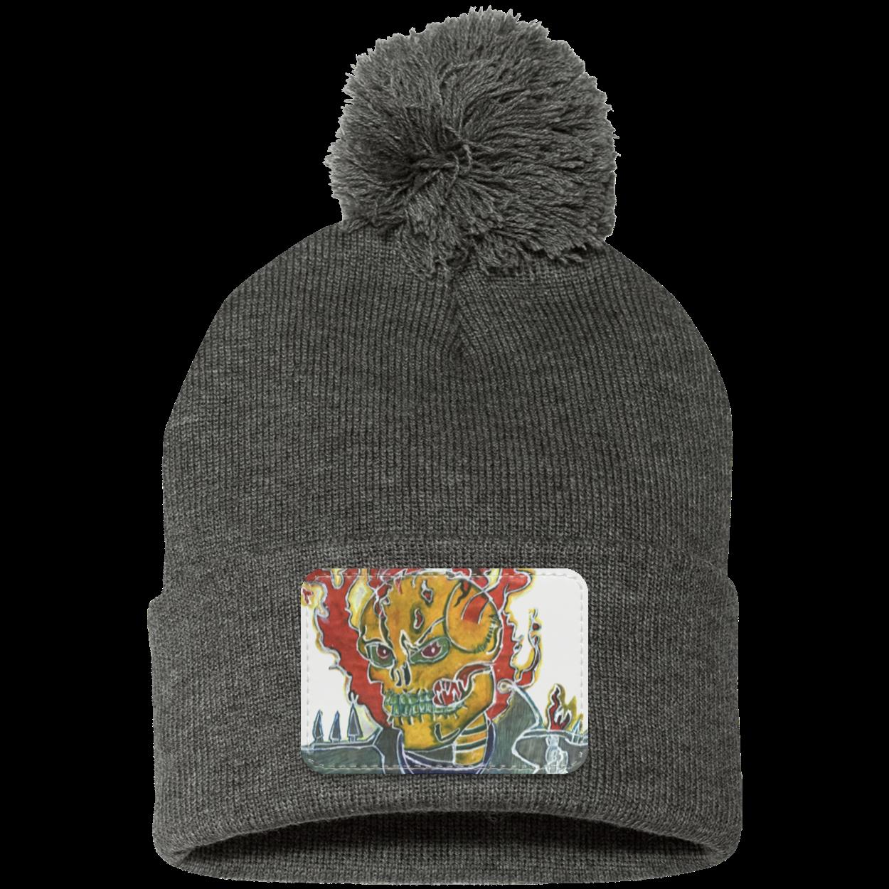 Skeleton On Fire Pom Pom Knit Cap - Patch