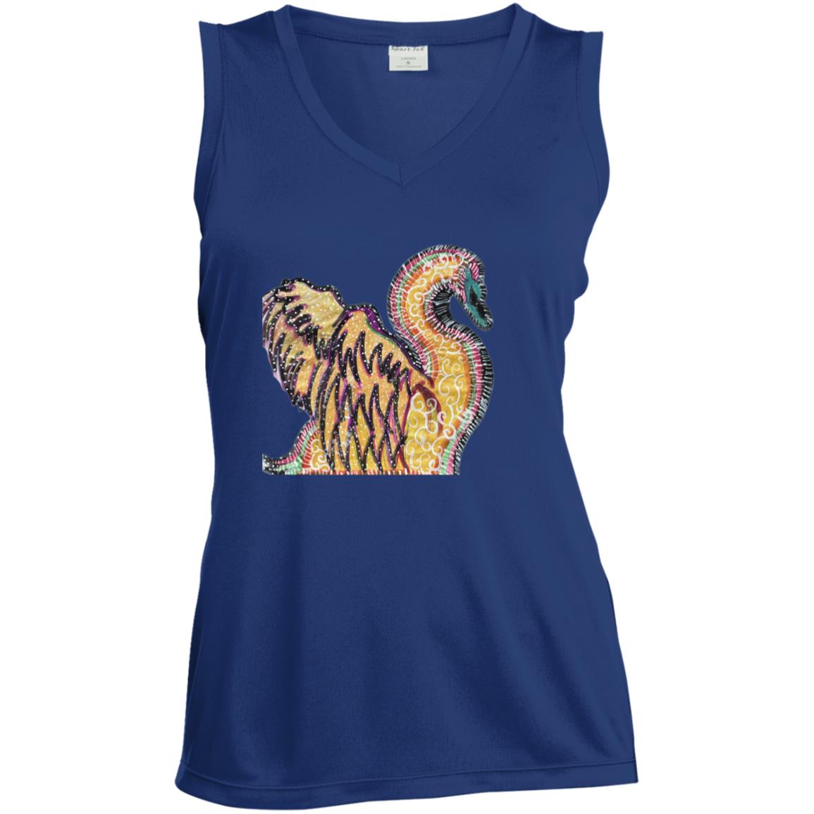 Psychedelic Swan Ladies' Sleeveless V-Neck Performance Tee