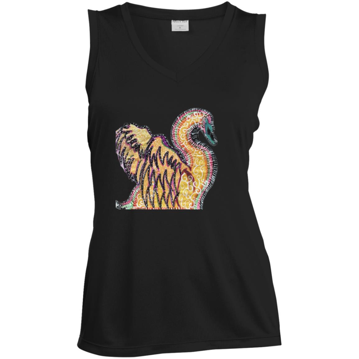 Psychedelic Swan Ladies' Sleeveless V-Neck Performance Tee