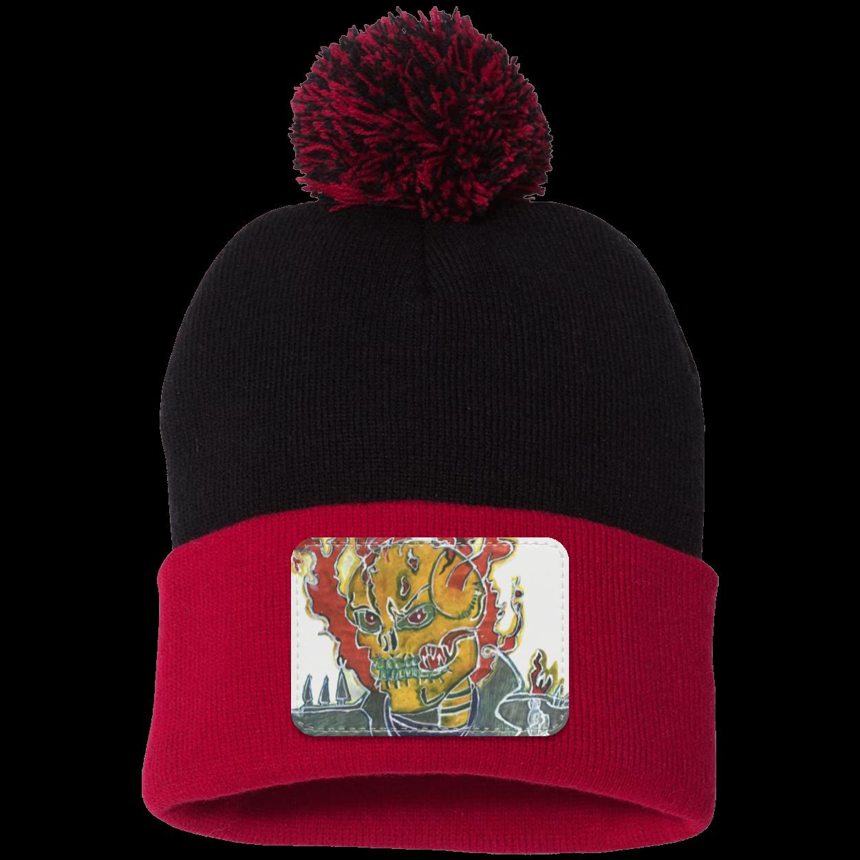 Skeleton On Fire Pom Pom Knit Cap - Patch