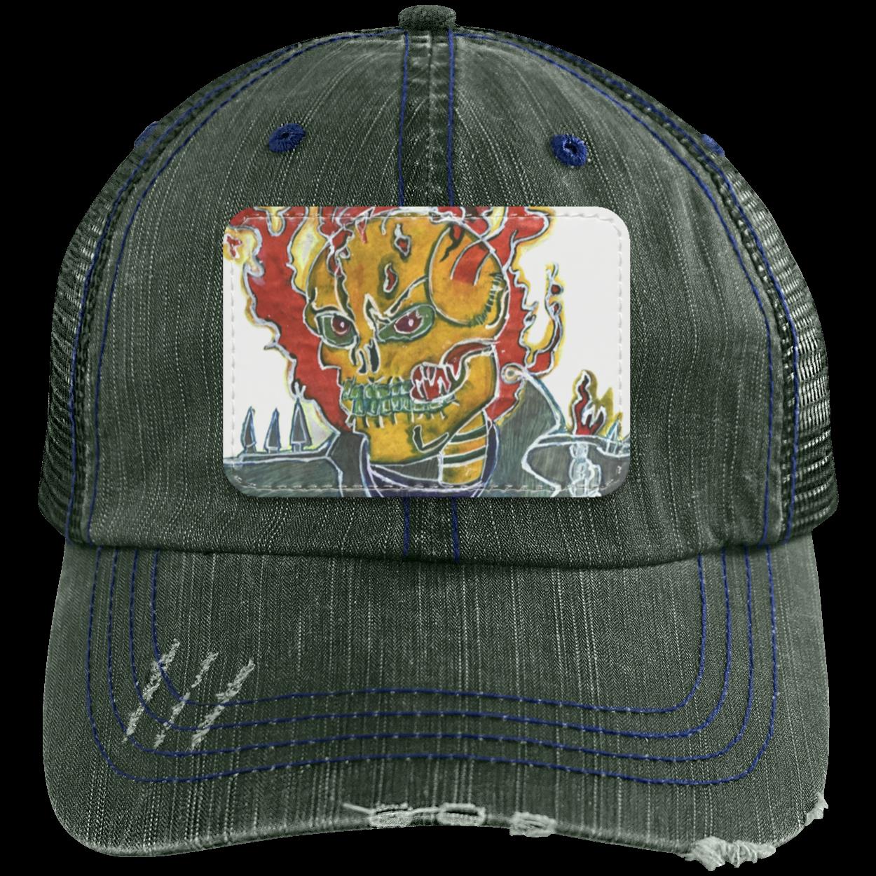 Skeleton On Fire Distressed Trucker Cap