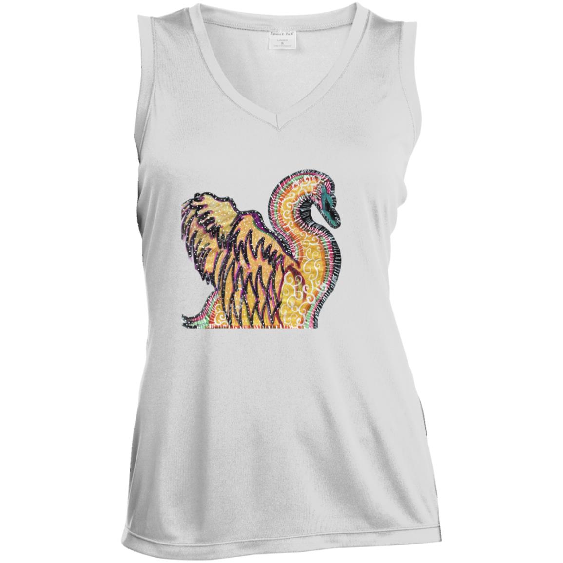 Psychedelic Swan Ladies' Sleeveless V-Neck Performance Tee