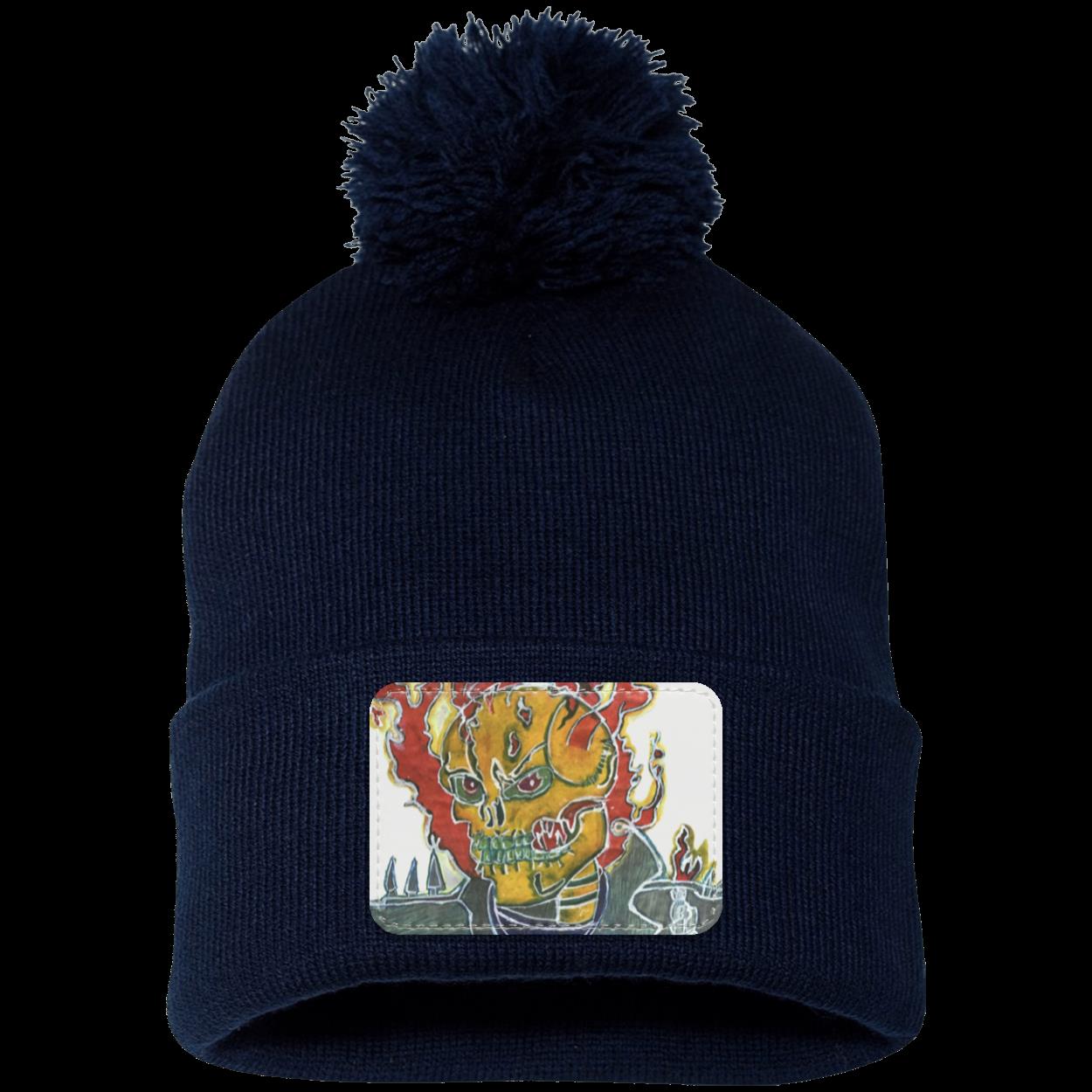 Skeleton On Fire Pom Pom Knit Cap