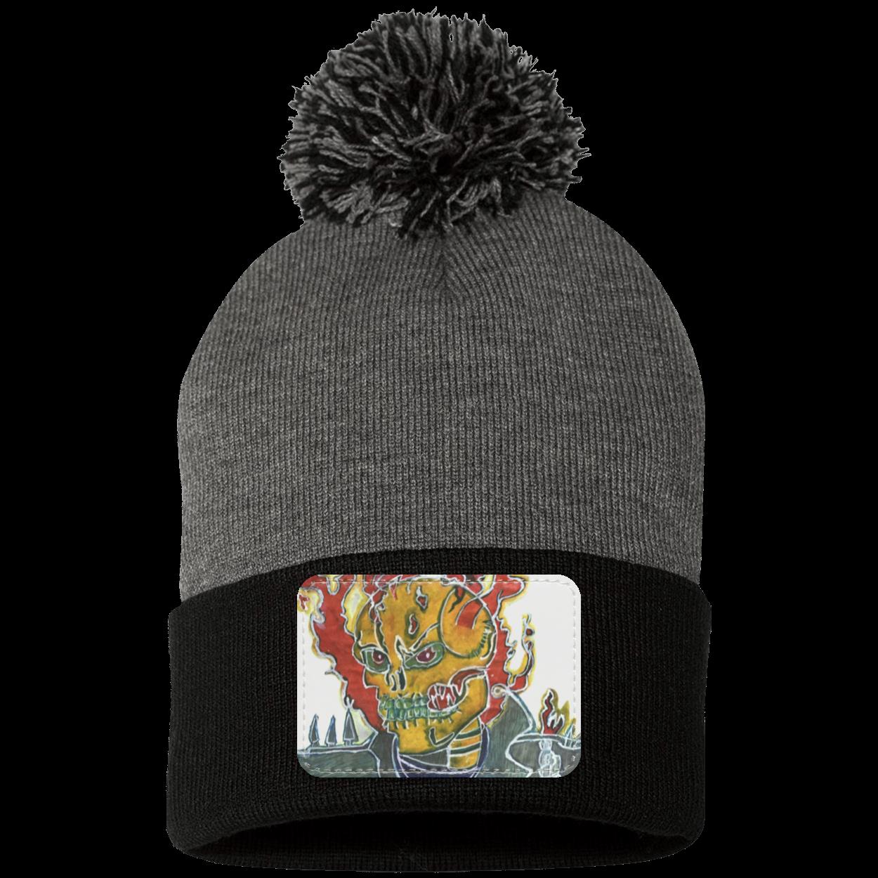 Skeleton On Fire Pom Pom Knit Cap - Patch