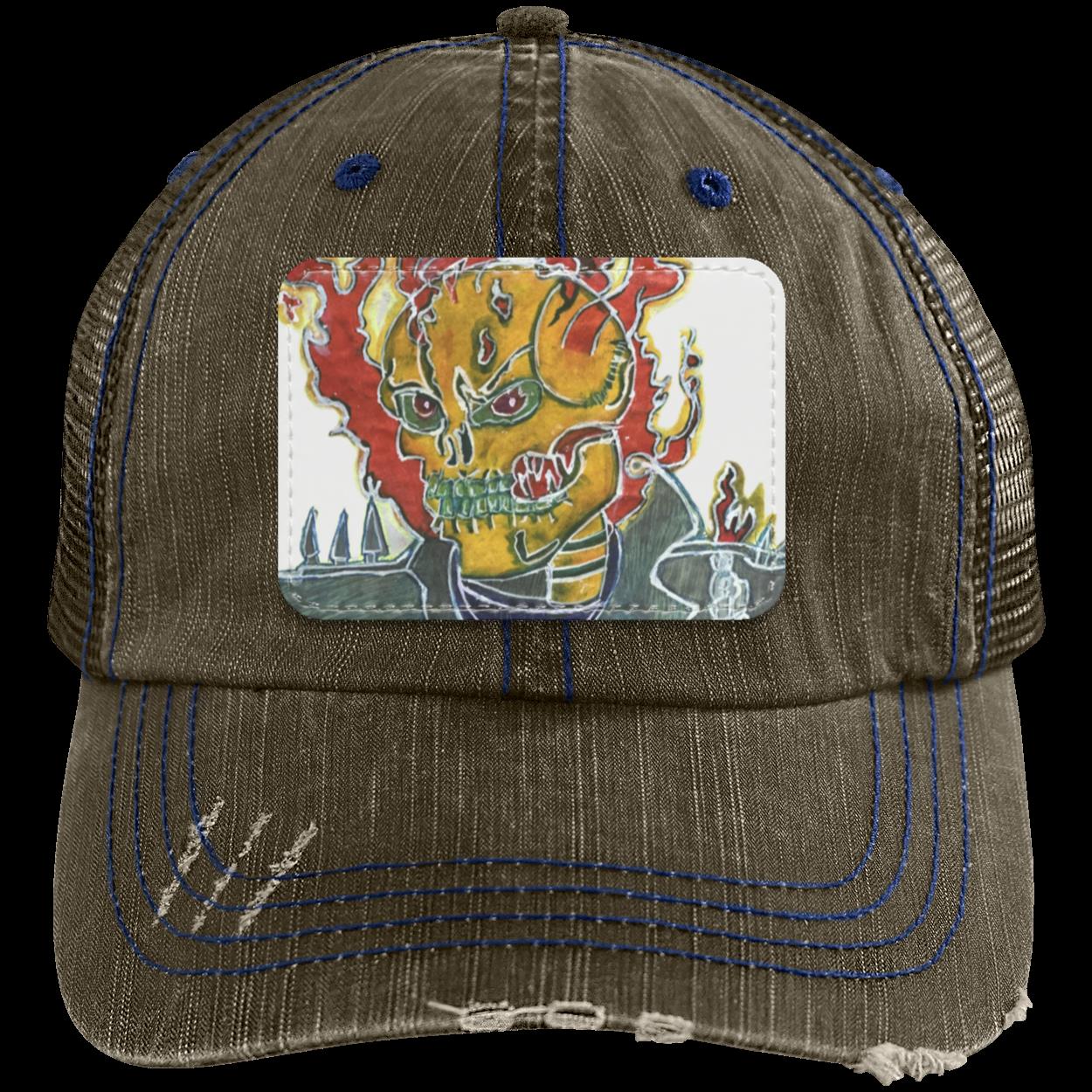 Skeleton On Fire Distressed Trucker Cap