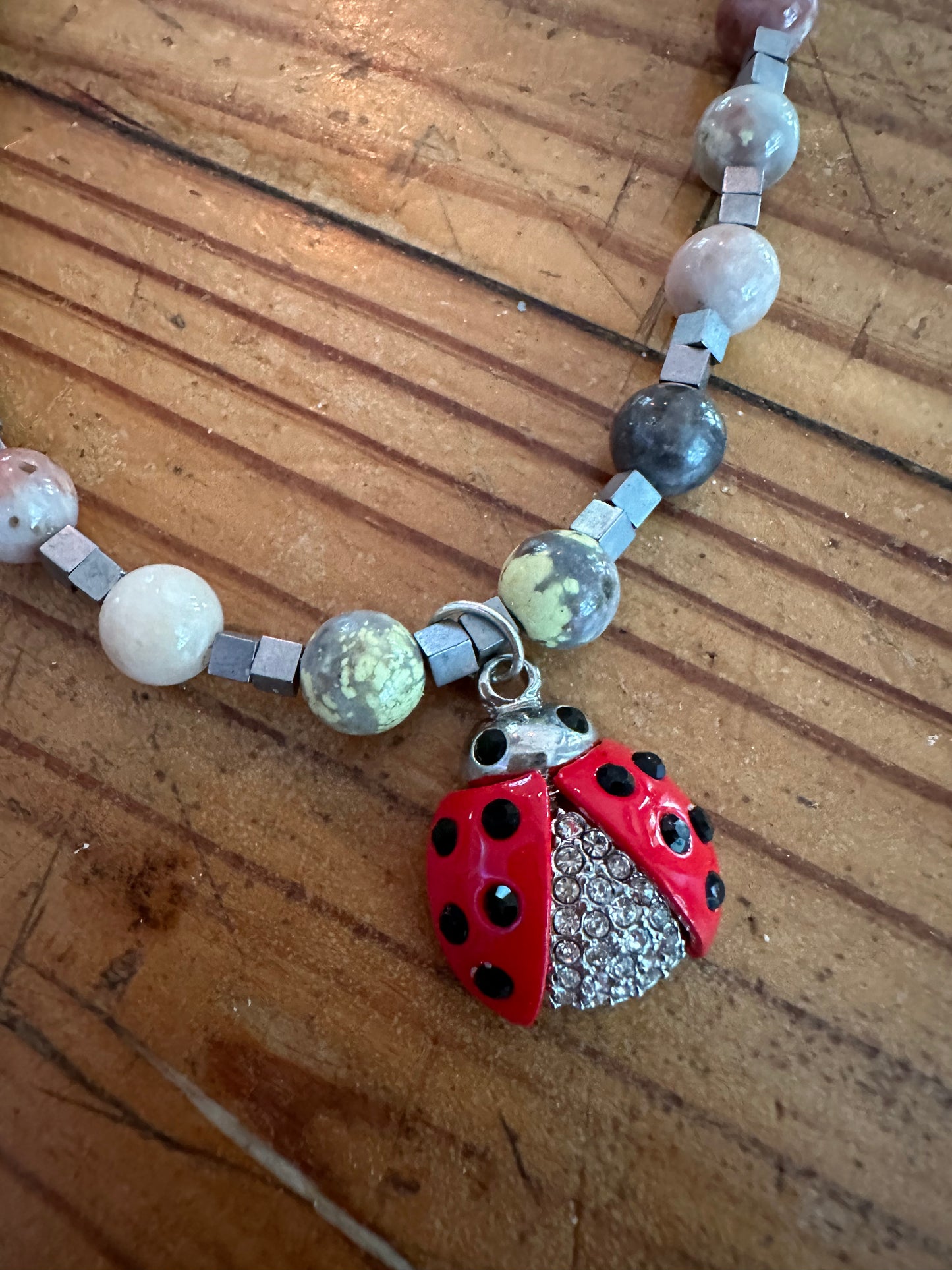 Lady Bug & Natural Stone Necklace & Matching Bracelet Original Jewelry Designed by Taytem Barth