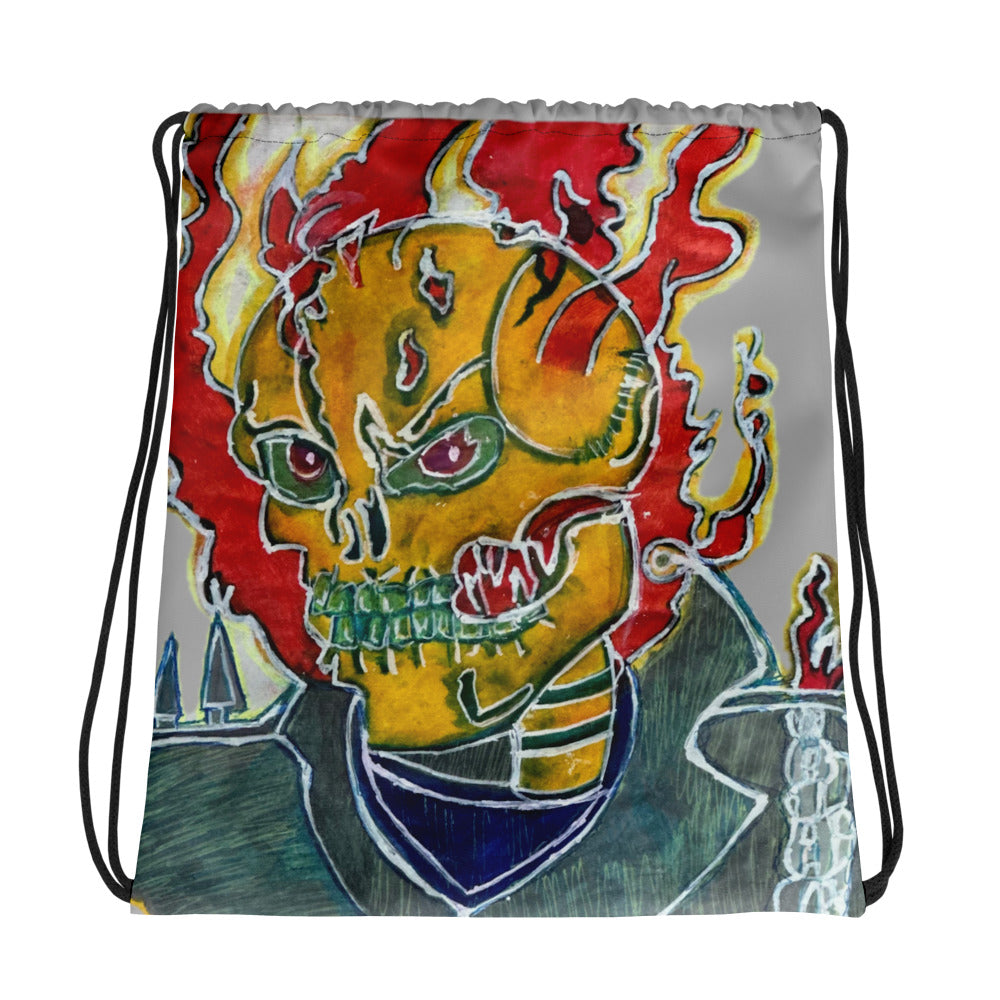 Skeleton On Fire Drawstring Bag