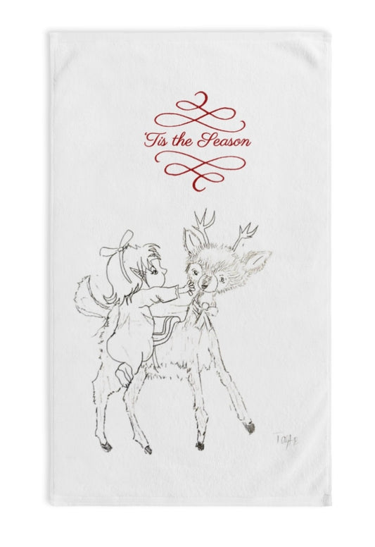 Holiday Deer Sketch Hand Towel — "Tis the Season" Christmas Kitchen Towel