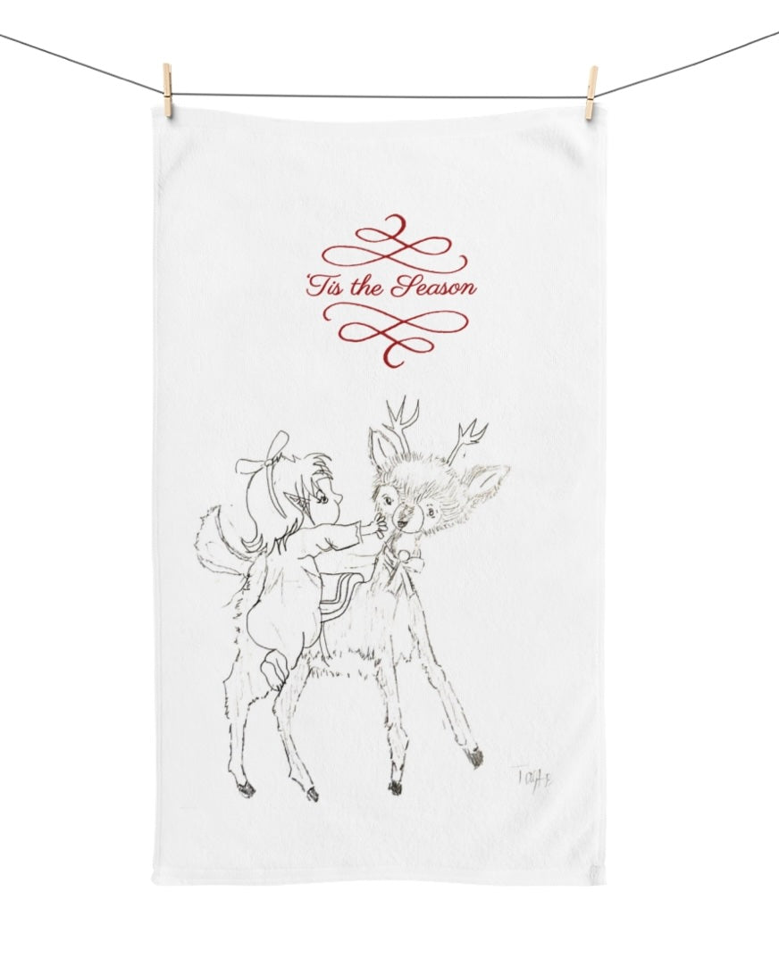 Holiday Deer Sketch Hand Towel — "Tis the Season" Christmas Kitchen Towel