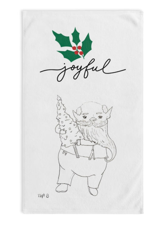 Joyful Christmas Hand Towel — Cute Gnome with Holly Holiday Kitchen Towel