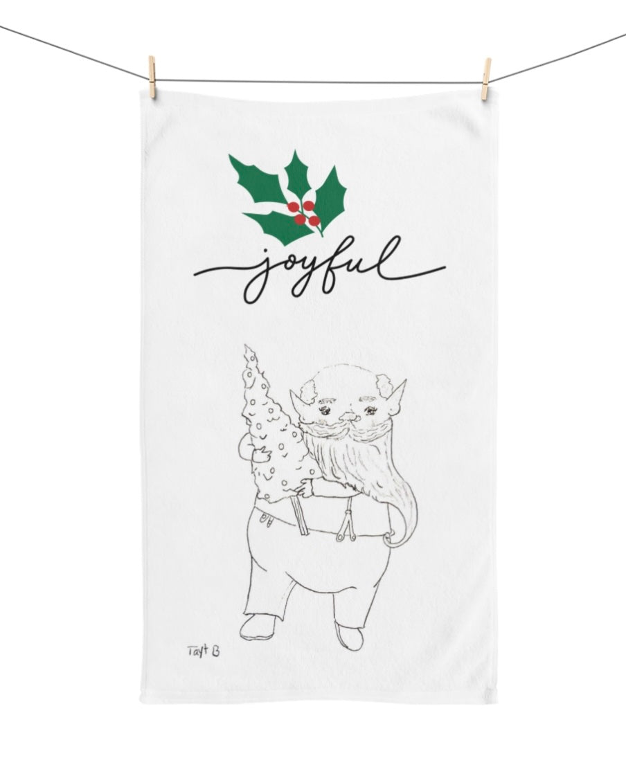 Joyful Christmas Hand Towel — Cute Gnome with Holly Holiday Kitchen Towel